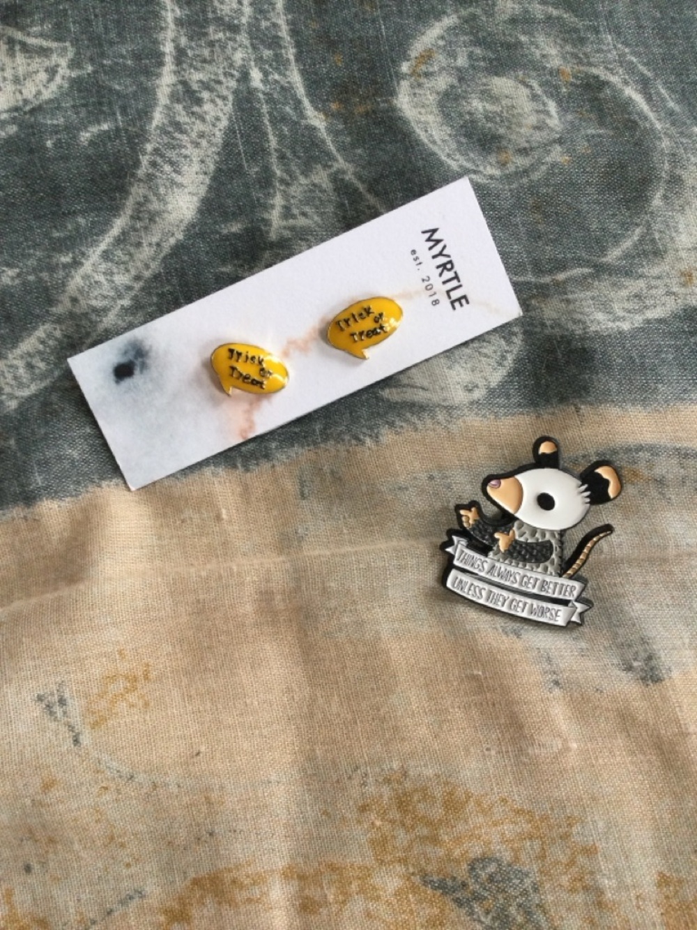 Yellow 'Trick or Treat' Earrings and Opossum Pin